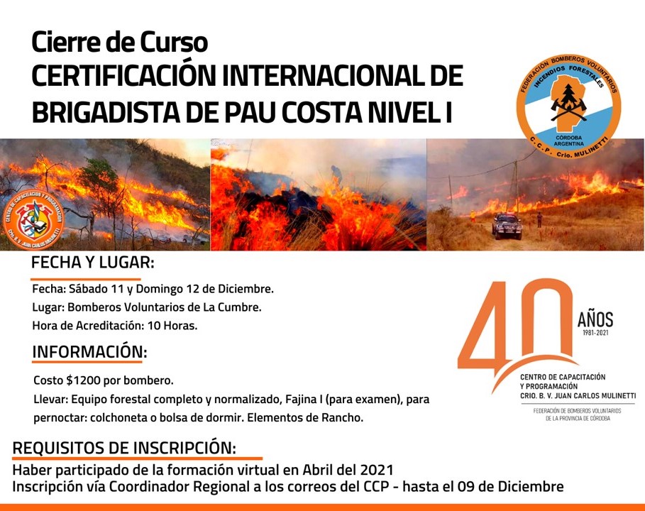 Certificación Internacional de Brigadista de Pau Costa Nivel I